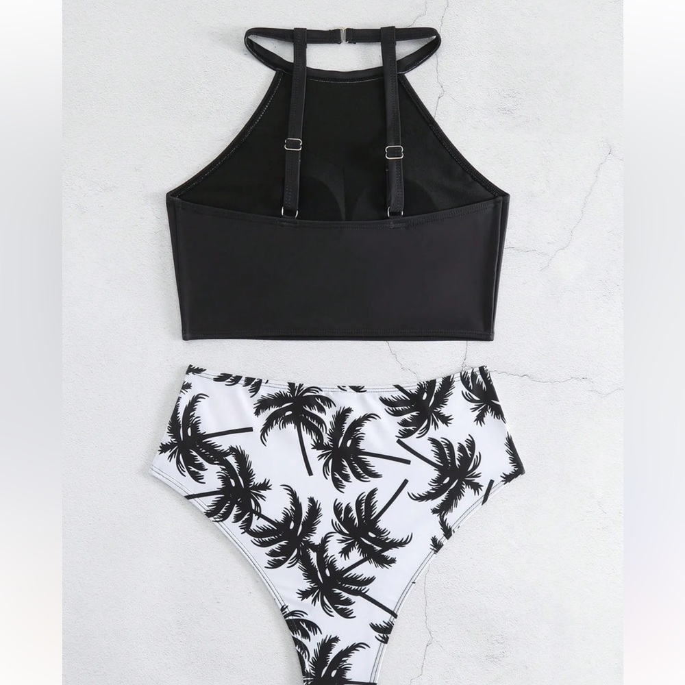 Women High Waist Bikini Swimsuit Ruffle Two Piece Palm Tree Print Black White M‎